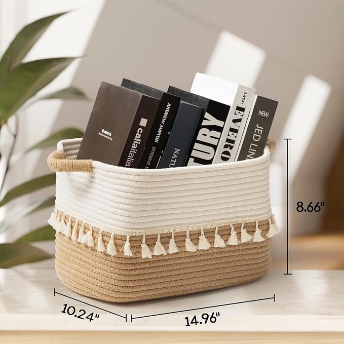 TeoKJ 2 Pack Woven Storage Bin, Cotton Rope Basket for Storage, Clothes Boho Basket Bin for Organizing, Fabric Basket for Books, Plants, Pet Treats, White & Jute