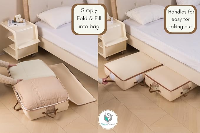 Chaos Cleared Canvas Storage Bags Designer Organizer for Underbed 2 Pack – Seasonal Storage for Sweaters, Blankets, Linens & Garments – Foldable Design with Zip & Window, Moth-Proof Space Saver