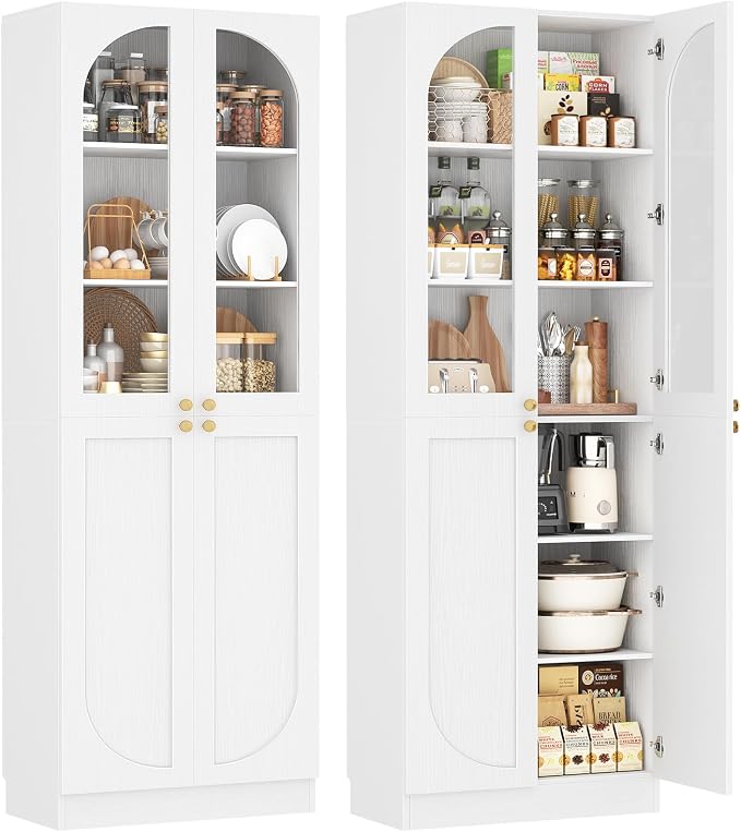 Cyclysio 80" Kitchen Pantry, Tall Arch Storage Cabinet with Tempered Glass & Soft Close Doors, Freestanding Wood Floor Cupboard Bookcase with Seamless Fit Wall for Dining Living Room, Bathroom (White)