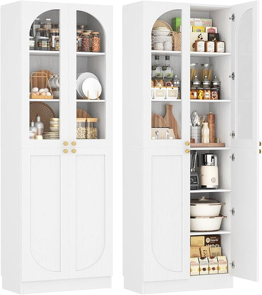 Cyclysio 80" Kitchen Pantry, Tall Arch Storage Cabinet with Tempered Glass & Soft Close Doors, Freestanding Wood Floor Cupboard Bookcase with Seamless Fit Wall for Dining Living Room, Bathroom (White)