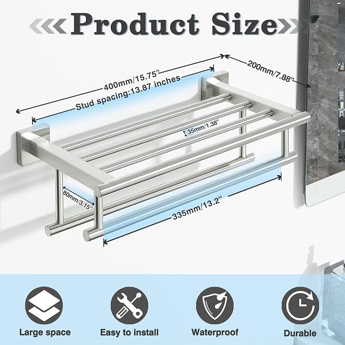 Alise Double Towel Rack for Bathroom Wall Mounted 16 Inch,Brushed Nickel | Bathroom Tower Holder Towel Shelf with Double Towel Bars,SUS304 Stainless Steel Towel Rack with Shelf for Lavatory Kitchen