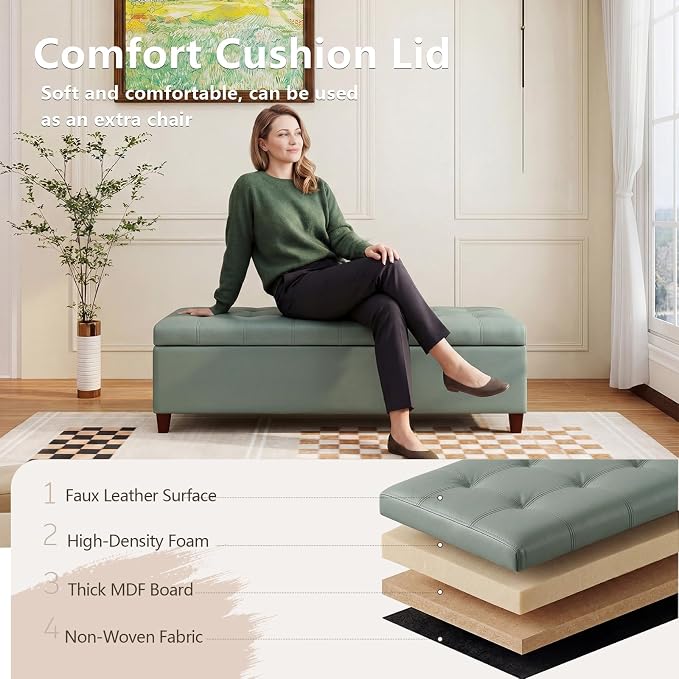 Joveco 51 Inch Storage Ottoman Bench,Tufted Leather Storage Bench for Bedroom (51”,Gray Green)