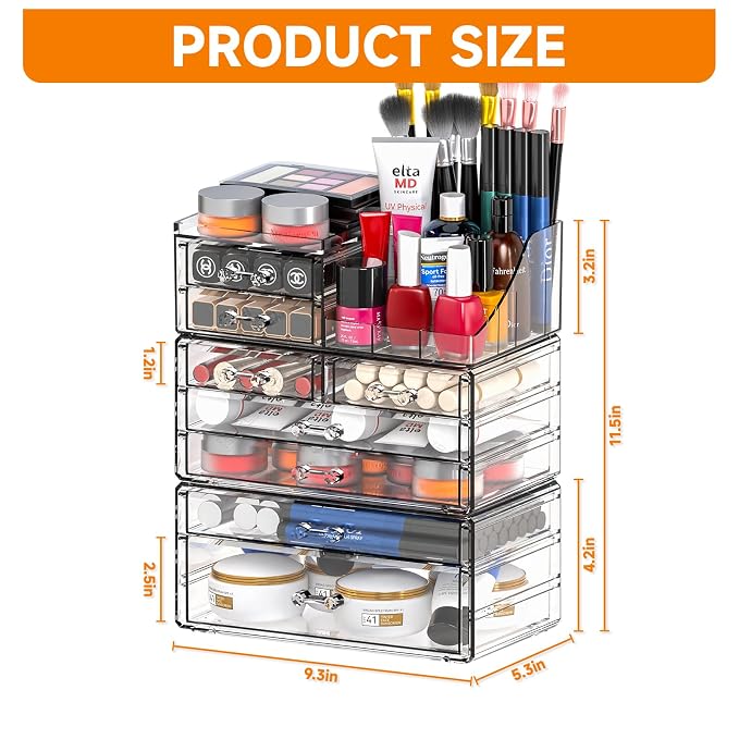 Acrylic Clear Make up Organizers And Storage for Vanity,Bathroom Skincare Organizer With 8 Drawer for Dresser,Plastic Desk Accessories Organization,Cosmetic Organizer Countertop for Beauty,Skin Care