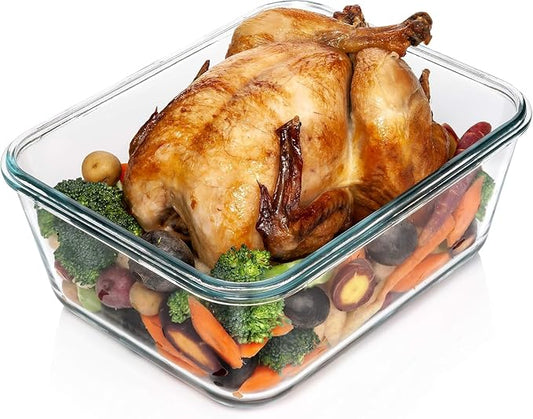 3300 ml/ 112 oz LARGE Glass Food Container with Locking Lid. Ideal for Storing food, vegetables or fruits. Baking Casserole, Lasagna, Baking Or Roasting chicken and lot of other tasty food. BPA Free