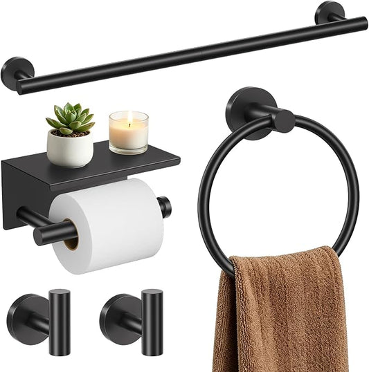 TURS Matte Black 5-Piece Bathroom Hardware Set Towel Bar Set SUS304 Stainless Steel Towel Racks for Bathroom Wall Mounted, 23.6-Inch