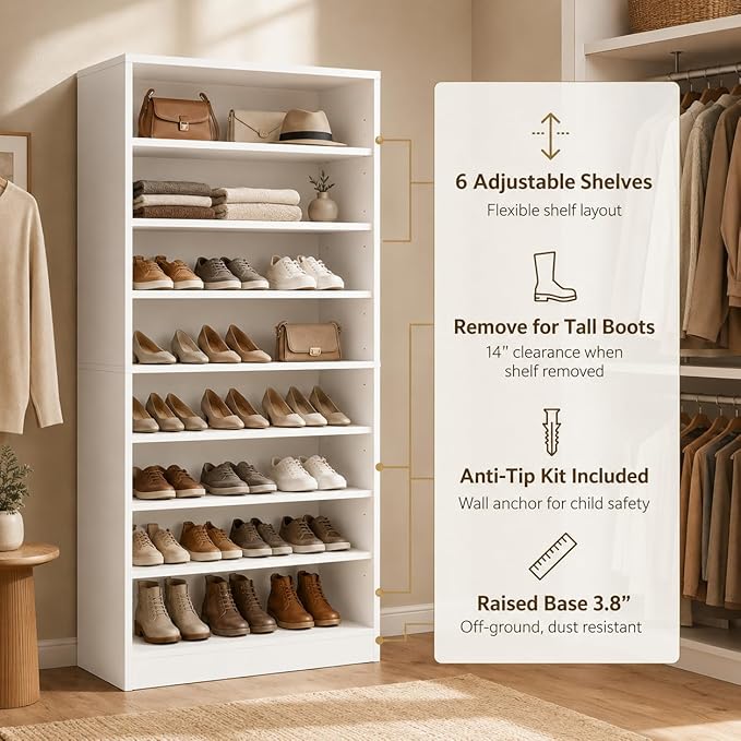 9-Tier Tall Shoe Rack Cabinet for Closet & Entryway, White | Wooden Narrow Shoe Organizer Cabinet with Adjustable Shelves, Freestanding, for Bedroom, Hallway