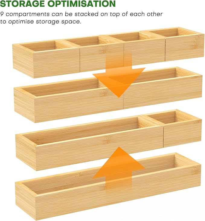 MapleGrace Bamboo Drawer Organizer Set, 9 PCS Wood Storage Organizers | Multi-Use Junk Drawer Divider, Storage Trays Containers for Kitchen, Bathroom, Office Desk, Makeup, Jewelry, Utensils
