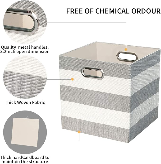 11x11 Storage Cubes Collapsible Fabric Bins Set of 4,Grey-white Striped | Fabric Storage Drawers Cubby Organizer Bins Striped Container for Organizing Home Office Wardrobe Closet Shelf