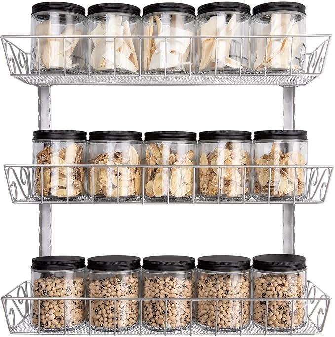 SWOMMOLY Wall Mount Spice Rack Organizer, 3-Tier Adjustable Dual-Use Shelf | Hanging Spice Rack Organizer, Kitchen Pantry Cabinet Storage Holder for Spices, Mason Jars, Bottles & Cans, Silver