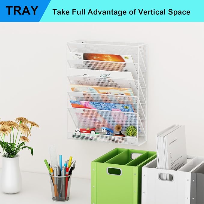 Wall File Organizer Holder Mesh Hanging Paper Document Holder,Vertical 6 Pocket Tier for Office Home, White