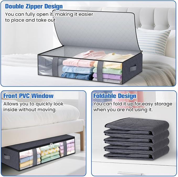 TasticTotes Under Bed Storage Containers, 4 Pack Blanket Storage Bags, Collapsible Storage Bags with Big Zippers, Clear Front, Shoe Storage and Organization for Clothes, Comforter, 60L, Grey