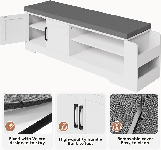 GRUSIGN 47.3" Shoe Storage Bench with Cushion, Entryway Shoe Cabinet, White | 3-in-1 Shoe Storage Bench, 47.3", Adjustable Shelves, Removable Cushion, 300 lbs Capacity, Entryway, Apartment, Families