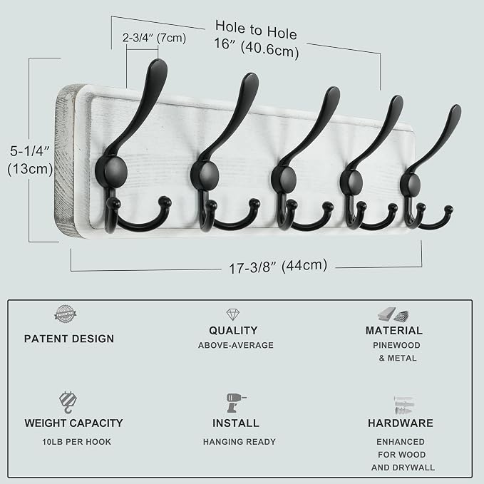 Coat Rack Wall Mounted - 5 Tri Hooks, Heavy Duty, Wooden Wall Coat Hanger Coat Hook for Clothes Hat Jacket Clothing, White & Black, Pack of 2