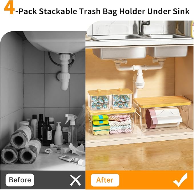 4 Pack Trash Bag Holder with Bamboo Lid, Stackable Garbage Bag Dispenser Under Sink, Storage Organizer for Kitchen, Laundry, Pantry (S+S+M+L)