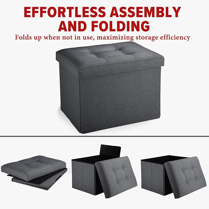 LINMAGCO Small Storage Ottoman Stool Foot Rest Stool Under Desk Stool Short Folding Ottoman Linen Cloth Dark Gray 17X13X13IN