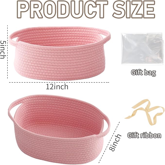JMvicyroam Small Woven Basket, Empty Gift Basket, Pink/3 Pack | Small Gift Basket, Cotton Rope, 12 x 8 x 44 in, Handles, Includes Ribbon and Bag, Birthday Gift Basket