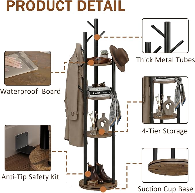Espelism Rotary Coat Rack Stand, Freestanding Metal Hall Tree with 9 Hooks | 4-tier coat stand with wood storage shelves. Ideal for entryway, bedroom, corner or office clothing organization.Brown
