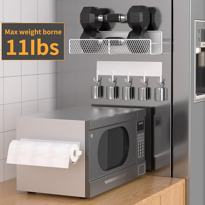 Magnetic Spice Rack for Refrigerator, 7 Pack 100% Metal Strong Magnet Shelves, Kitchen Spice Organizer W/ Hook Rack, Paper Towel Holder, Utensils Caddy, Home Laundry Room Storage Organization (White)
