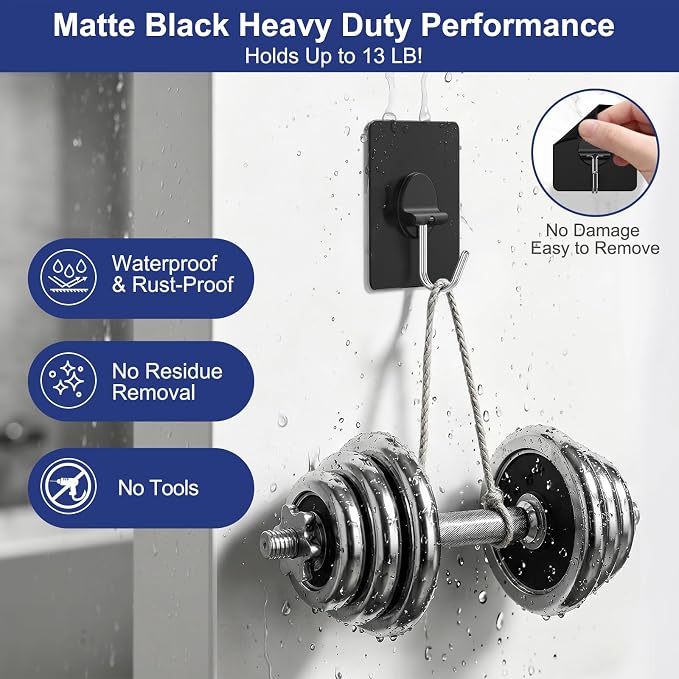JINSHUNFA Adhesive Wall Hooks Heavy Duty No Drill Waterproof Hooks for Bathroom Kitchen Towel Coat 12 Pack Black