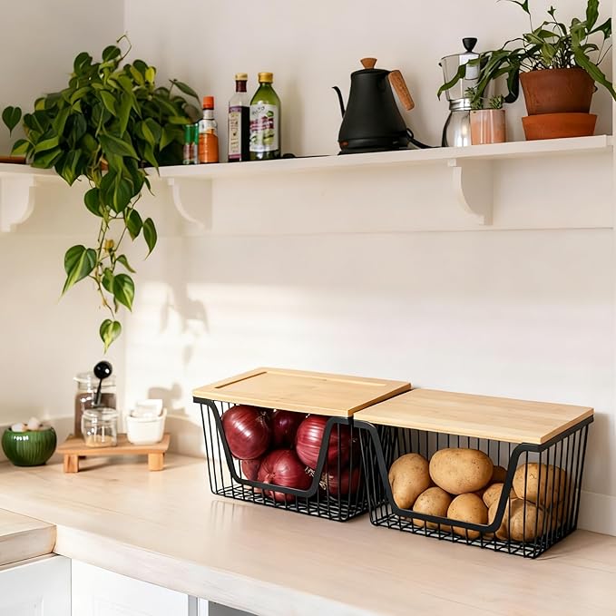 2 PACK Pantry Organizers and Storage, Stackable Onion Potato Bins | Large Wire Storage Basket, Breathable Design for Onion, Potato, Garlic, Fruit, Vegetables Fresh, Kitchen Pantry Storage