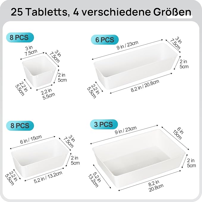 Vtopmart 25 PCS Plastic Drawer Organizers Set, 4-Size Versatile Bathroom and Vanity Drawer Organizer Trays, Storage Bins for Makeup, Bedroom, Kitchen Gadgets Utensils and Office | 4-Size Versatile Makeup Organizer, Storage Containers Small Bins for Mak...