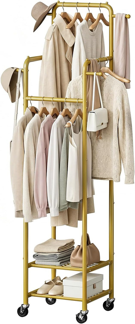 Small Gold Clothing Rack with Wheels, Narrow Clothes Rack with 2 Shelves | Gasvadivum 71" Tall Sturdy Metal Rolling Garment Rack with 4 Hanging Rods & 4 Hooks, Portable Coat Rack for Bedroom, Bathroom