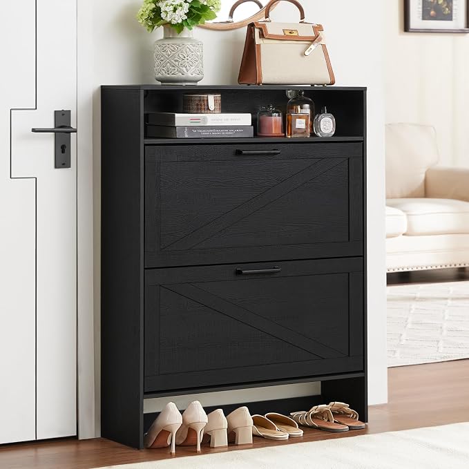 RWYHG Shoe Cabinet Storage for Entryway with 2 Flip Drawers | Open Storage Layer Rack Narrow Organizer Slim Hidden Wood Shoe Cabinet Furniture