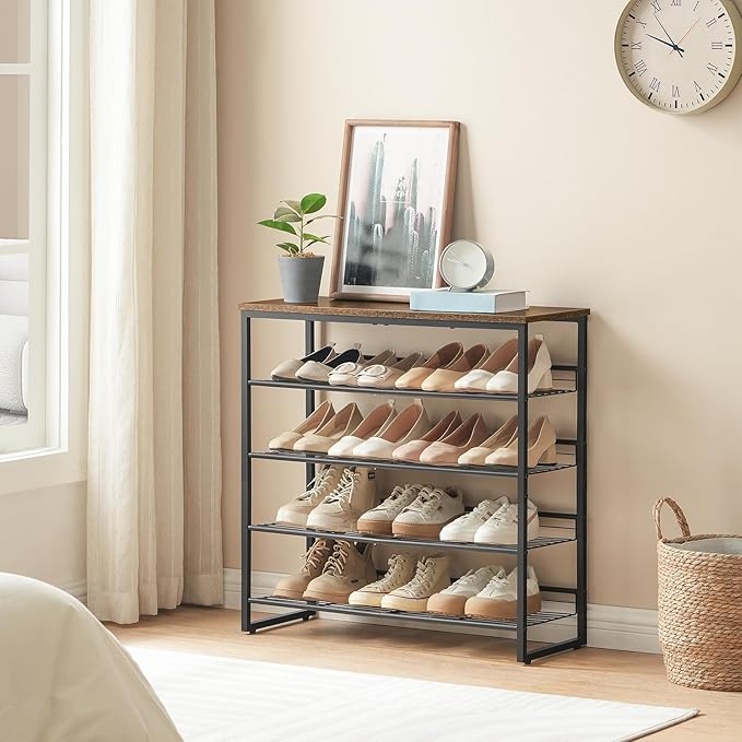 HOOBRO Shoe Rack, 5 Tier Shoe Organizer for Front Door Entrance, Shoe Shelf with Adjustable Tilt Angle, Holds 16-20 Pairs, for Entryway, Garage, Closet, Rustic Brown and Black BF08XJ01