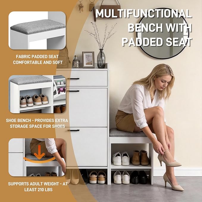 Karl home White Farmhouse Shoe Cabinet, Cushioned Entryway Bench Organizer | Narrow Slim Freestanding Shoe Rack Featuring 2 Flip Drawers and Top Flip Drawer, Ideal for Entryway, Living Room
