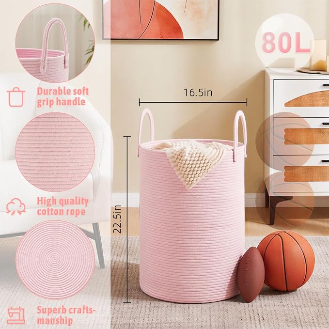 Artfeel Laundry Basket,Woven Cotton Rope Laundry Hamper,80L for Decorative Storage of Dirty Clothes,Toys and Blankets in Bathroom,Baby Room and Living Room