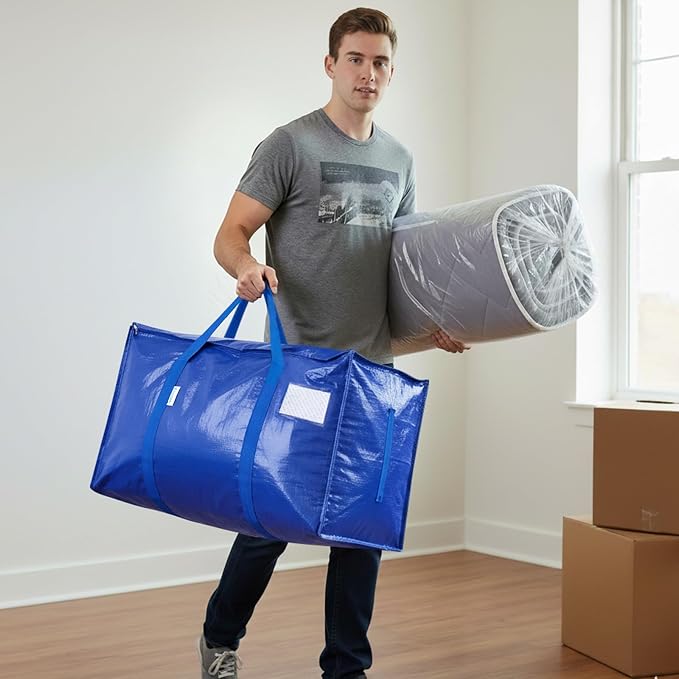 TICONN 12 Pack Extra Large Moving Bags Heavy Duty with Zippers & Carrying Handles, Durable Storage Bags Moving Boxes for Closet Organizers and Storage (12 Pack, Blue)