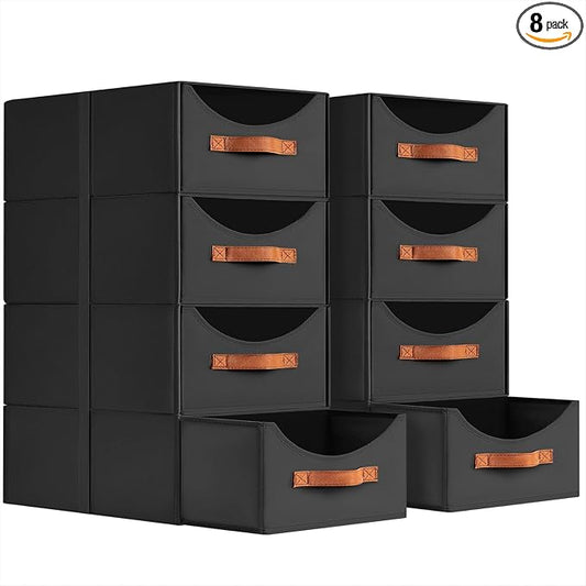 Homsorout Stackable Storage Drawers - Large Collapsible Storage Bins with Drawers, 8 Pack Closet Shelf Organizer Basket, Fabric Pull Out Organizer for Bedroom, Living Room, Dorm, Black