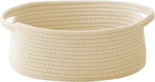 JMvicyroam Small Woven Basket, Empty Gift Basket, Beige/1 Pack | Small Gift Basket, Cotton Rope, 12 x 8 x 9 in, Handles, Includes Ribbon and Bag, Birthday Gift Basket