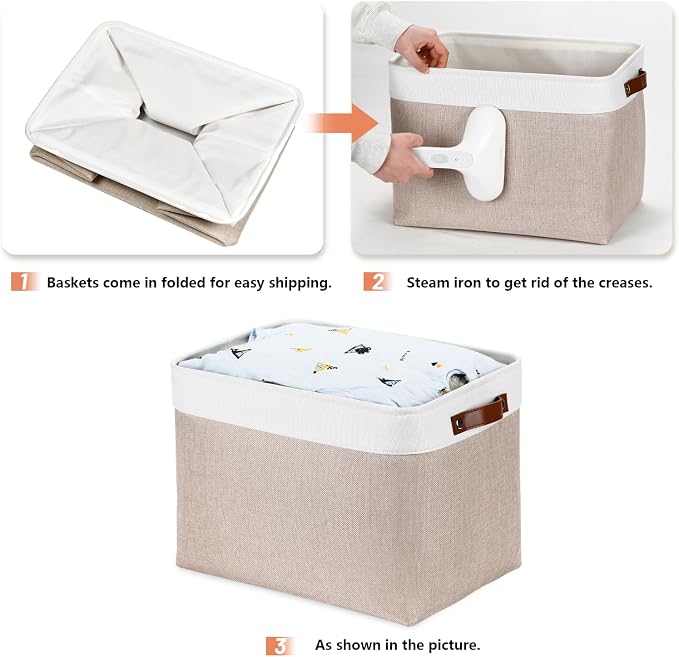 DULLEMELO Fabric Storage Bins, Lining Fabric Baskets For Gifts, Large Storage Baskets for Books Clothes Storage, Foldable Storage Basket for Office Home Shelves Closets Organizing(White&Khaki)