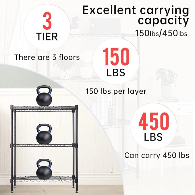 BestOffice | 3-Tier Wire Shelf | 23" x 13.2" x 30.2" | Black | Storage Shelves with Adjustable Racks, Holds upto 450 lbs | Rust-Resistant, No-Tool Assembly | For Home, Garage