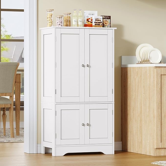 43'H Pantry Cabinet with 4 Doors, Kitchen Cabinet with 6 Door Shelves, Storage Cabinet-Kitchen Pantry for Living Room, Dining Room, Bathroom, White