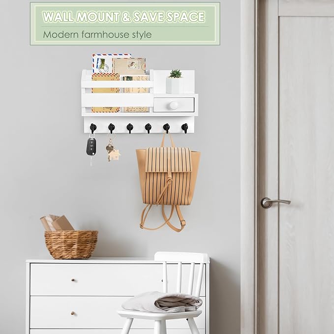 VIS'V Key Holder Wall Mount, Wooden Mail and Key Organizer, White | Contains Little Drawer, Small Shelf, 2 Slots, 6 Hooks, for Entryway, Hallway, Doorway, Kitchen, Garage, RV