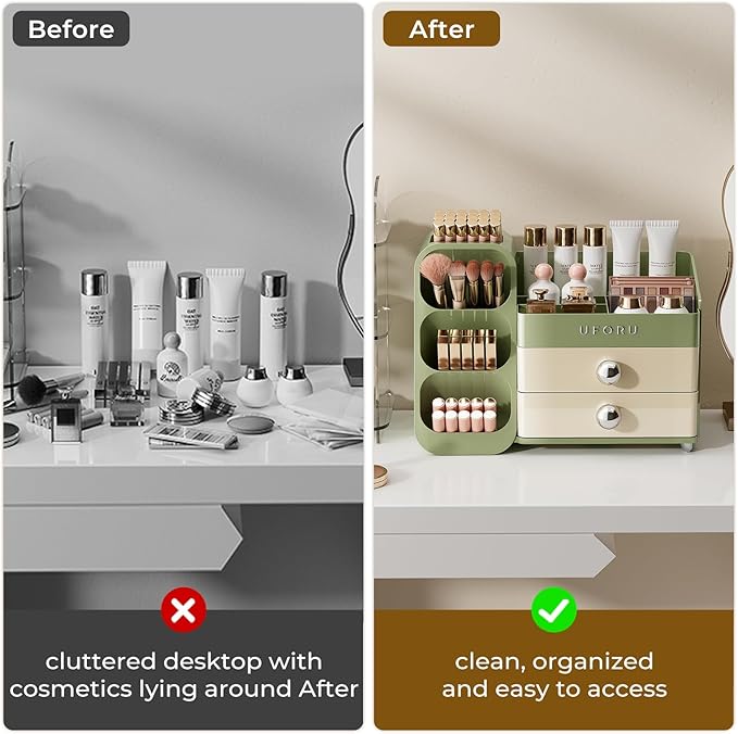 UFORU Makeup Organizer Countertop with Brush Holder for Vanity Bathroom | Large Capacity, Thickened Plastic, Compact Size, 2 Big Drawers, Detachable Brush Holder, Divided Compartments, Easy Access