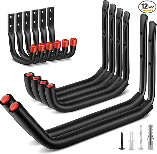 Nacial 12 Pack Garage Hooks Heavy Duty, 15" & 9.8" & 3.5" Kayak Storage Hook with EVA Pads, 100LBS Capacity Garage Hooks for Hanging Bikes, Kayak Folding Chairs and Hanging Ladders