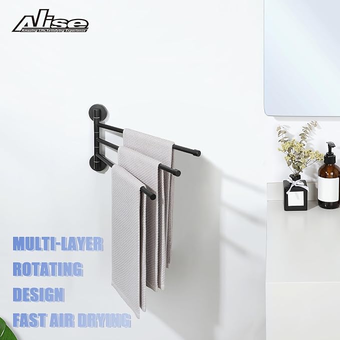 Alise 3 Arm Swivel Towel Rack, Matte Black Swivel Out Towel Bar, 13.9 Inch | Space Saving Swing Arm Towel Rack for Bathroom Kitchen Outdoor, 180° Rotating, SUS304 Stainless Steel