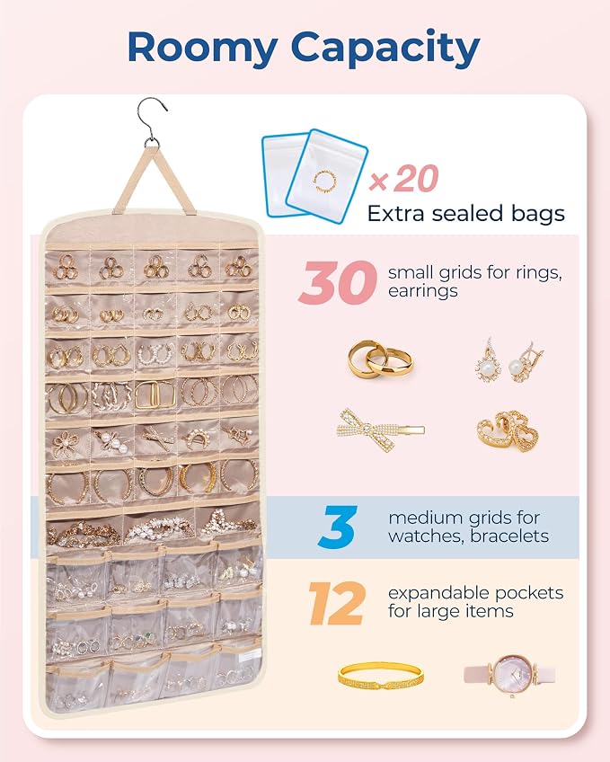 BAGSMART Hanging Jewelry Organizer, Necklace Holder Anti-tangle,1 Piece, Extra Large Beige