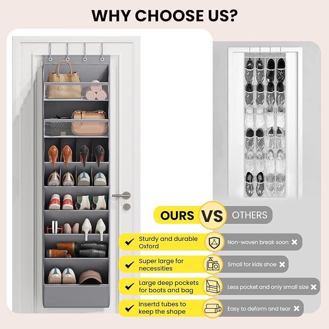 Mefirt 16-20 Pairs Over the Door Shoe Organizer, Clear Pockets Shoe Rack for Closet Door, Hanging Shoe Rack for Boots, Behind the Door Shoe Holder Fit All the Family's Sneakers, Boots, Heels, Grey