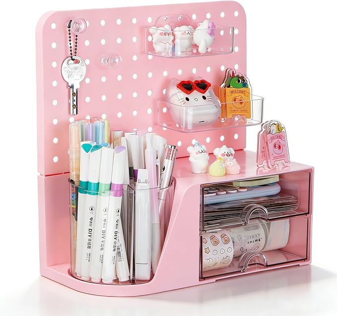 Comix Desk Organizer with 2 Drawer, Pink 360° Rotating Pen Holder for Desk | Desk Organizers and Accessories with 5 Slots Pencil Holder+Pegboard+Drawer, Pen Organizer for Home School Art Office Supplies