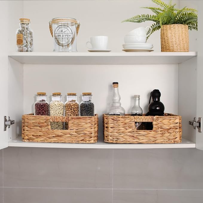 Rectangular Wicker Shelf Basket, Square Water Hyacinth Woven Storage Basket | Three-sided handle design, Natural water hyacinth material, Suitable for the living room, storage room, vanity, and wardrobe