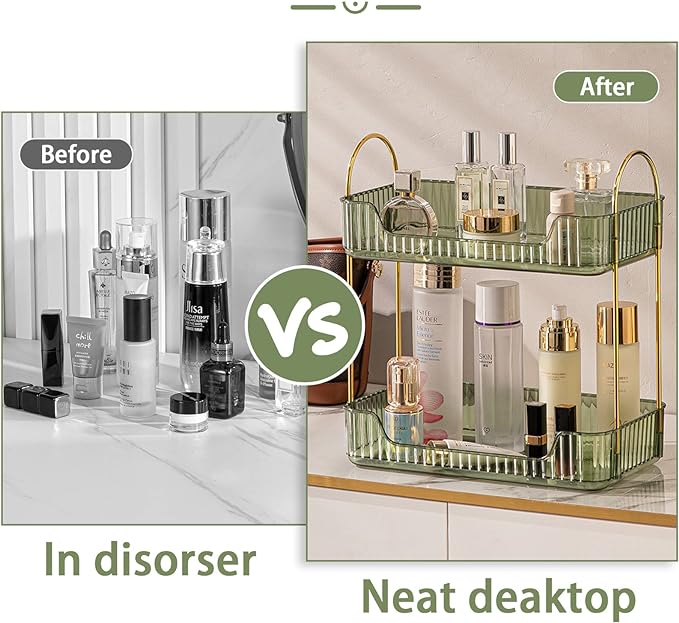 Bathroom Counter Organizer Countertop Storage, Cosmetics Skincare Shelf, Makeup Organizer Perfume for Dresser Vanity Tray, Spice Rack for Kitchen(2 Tier-Green)