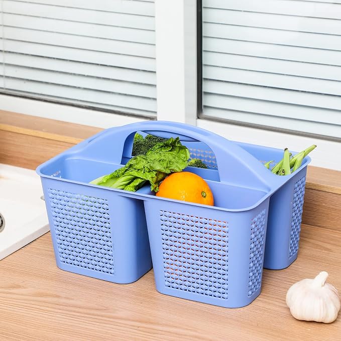 Plastic Portable Shower Caddy Basket with Handle, 3 Compartments, Dark Blue | Storage Organizer with Drain Holes, Sturdy and Durable For Bathroom, Kitchen, College Dorm, Sink, Camping