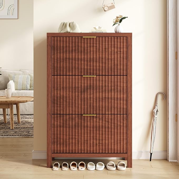 32" Fluted Shoe Cabinet Storage with 3 Flip Drawers for Entryway, Hallway | Hidden Shoe Rack Slim Freestanding Shoe Organizer with Legs for Hallway, Living Room, Red Walnut
