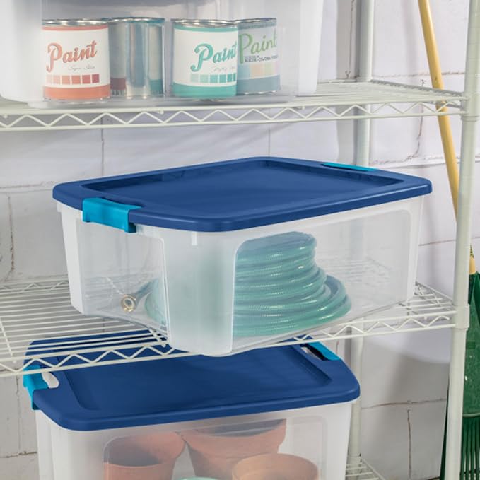 Sterilite 12 Gal Latch and Carry, Stackable Storage Bin with Latching Lid, Plastic Container to Organize Closets, Clear with Blue Lid, 6-Pack | Stackable Tote Containers with Handles and Latching Lids for Bed, Garage, Office, Kitchen, Closet & Classroom