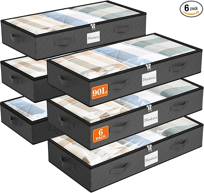 90L Under Bed Storage Containers, Storage Bags, Organizers, 6-Pack, Gray | Foldable, Soft Fabric, Closet Organizers, Reinforced Handle, Label Holder, Clear Window, for Comforters, Clothing, Blankets