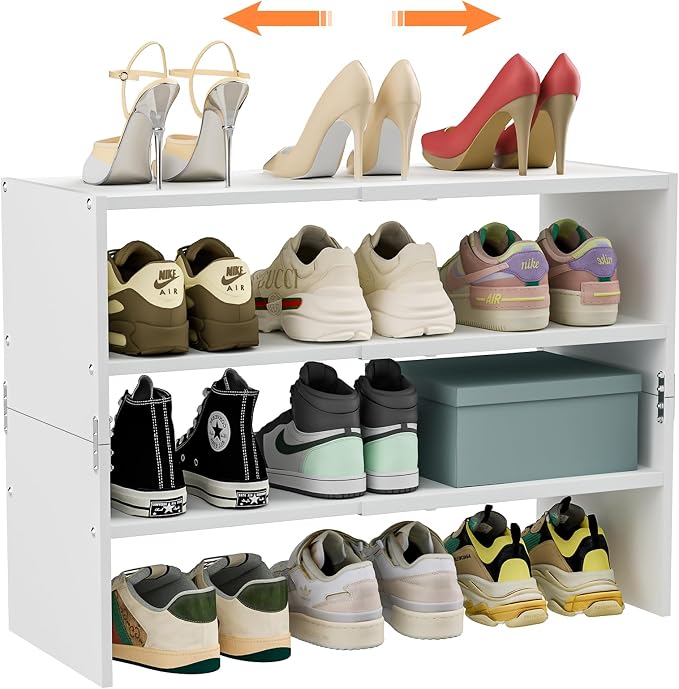 White Shoe Rack Organizer for Closet, 3-Tier Expandable Shoe Shelf, Stackable Iron Wood Combination Shoe Racks Shelves for Closets, Entryway,Small Space,Hallway,Garage,Holds 8-16 Pairs of Shoes